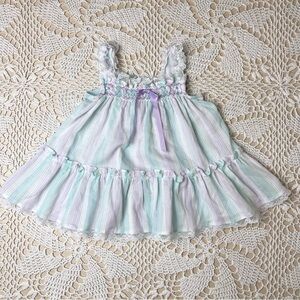 Vintage 1980s Polly Flinders Baby Girl 12m Pastel Striped Dainty Pinafore Dress